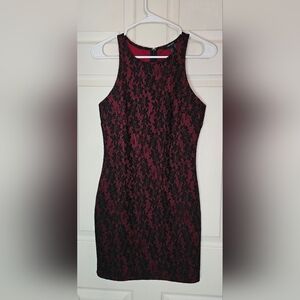 Forever 21 Limited Lace Bodycon Dress High Neck Burgundy Black - Size Medium